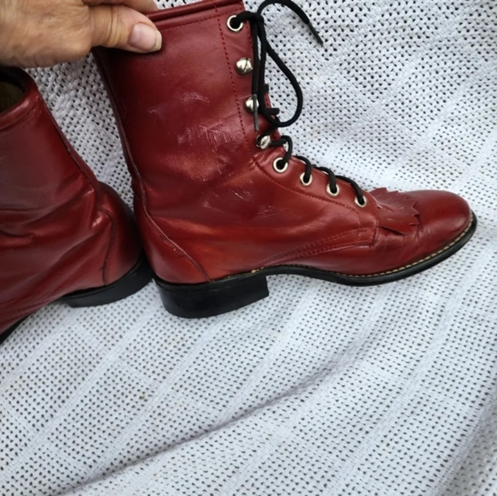 Laredo Red Leather Kiltie Ankle Boots Womens Size 6.5 Lace Up Western Retro Stat - Picture 5 of 16
